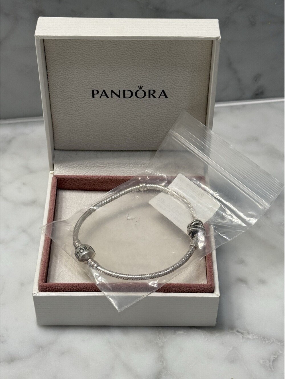 Pandora 925 Sterling Silver 19cm Snake Chain Bracelet w/ Braided Charm & Box